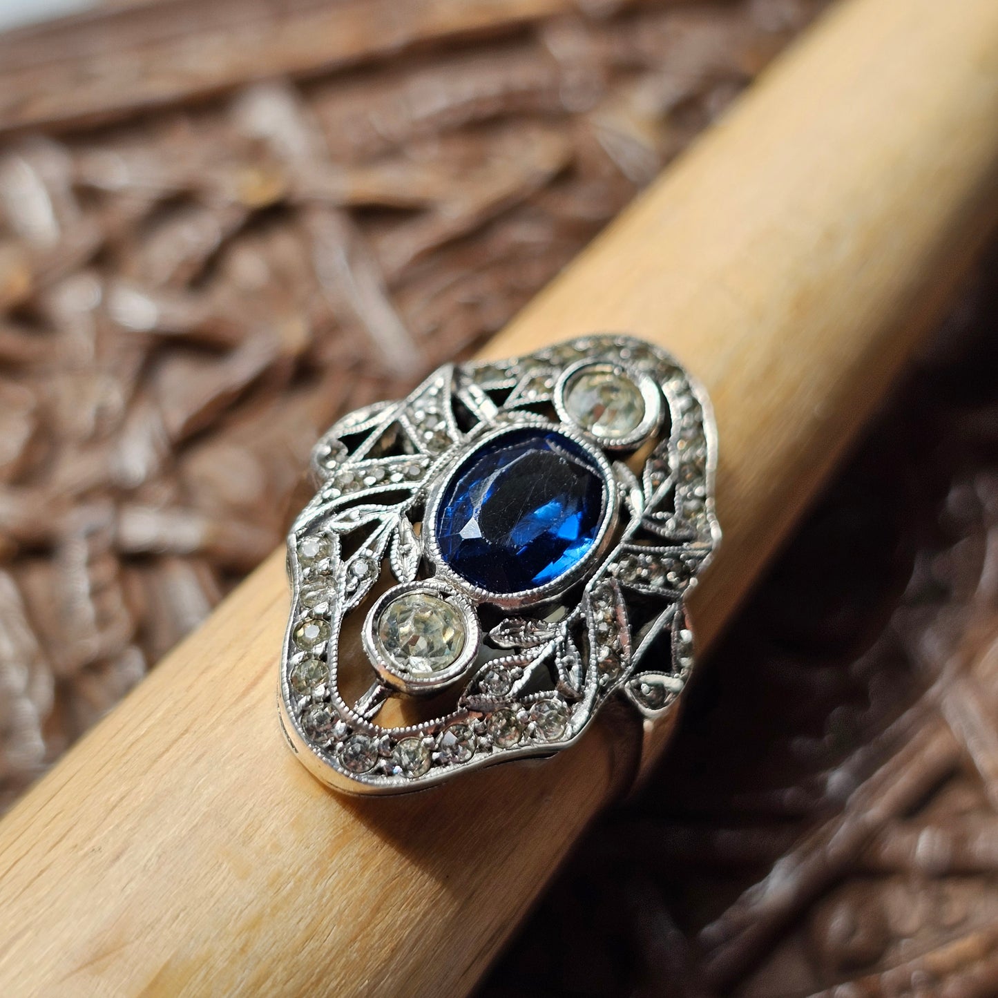 Antique Art Deco Silver 9ct Gold Blue Glass Paste Ring