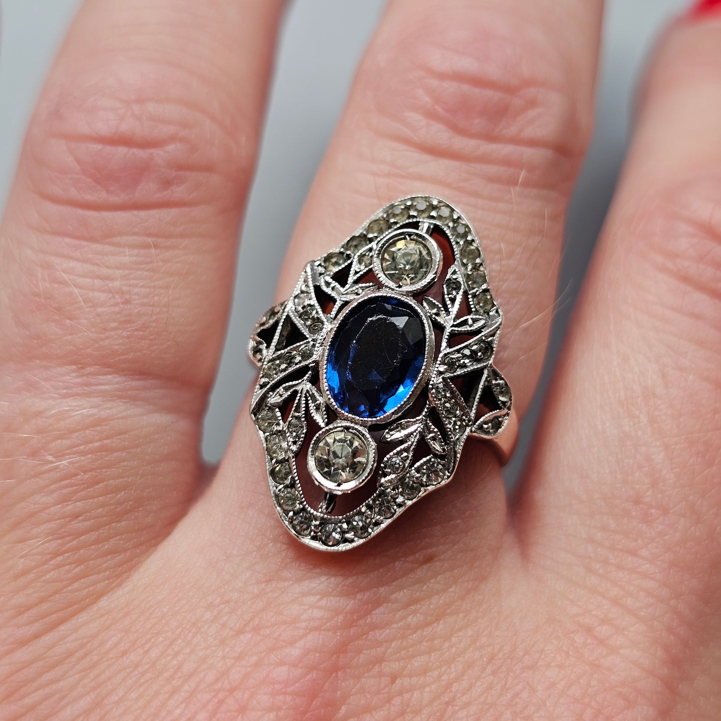 Antique Art Deco Silver 9ct Gold Blue Glass Paste Ring