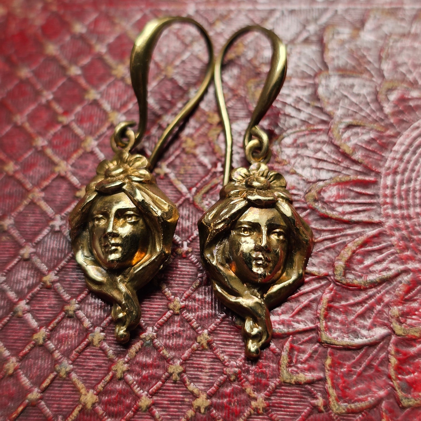 Antique Art Nouveau Belle Époque Gold Tone Repousse Face Earrings