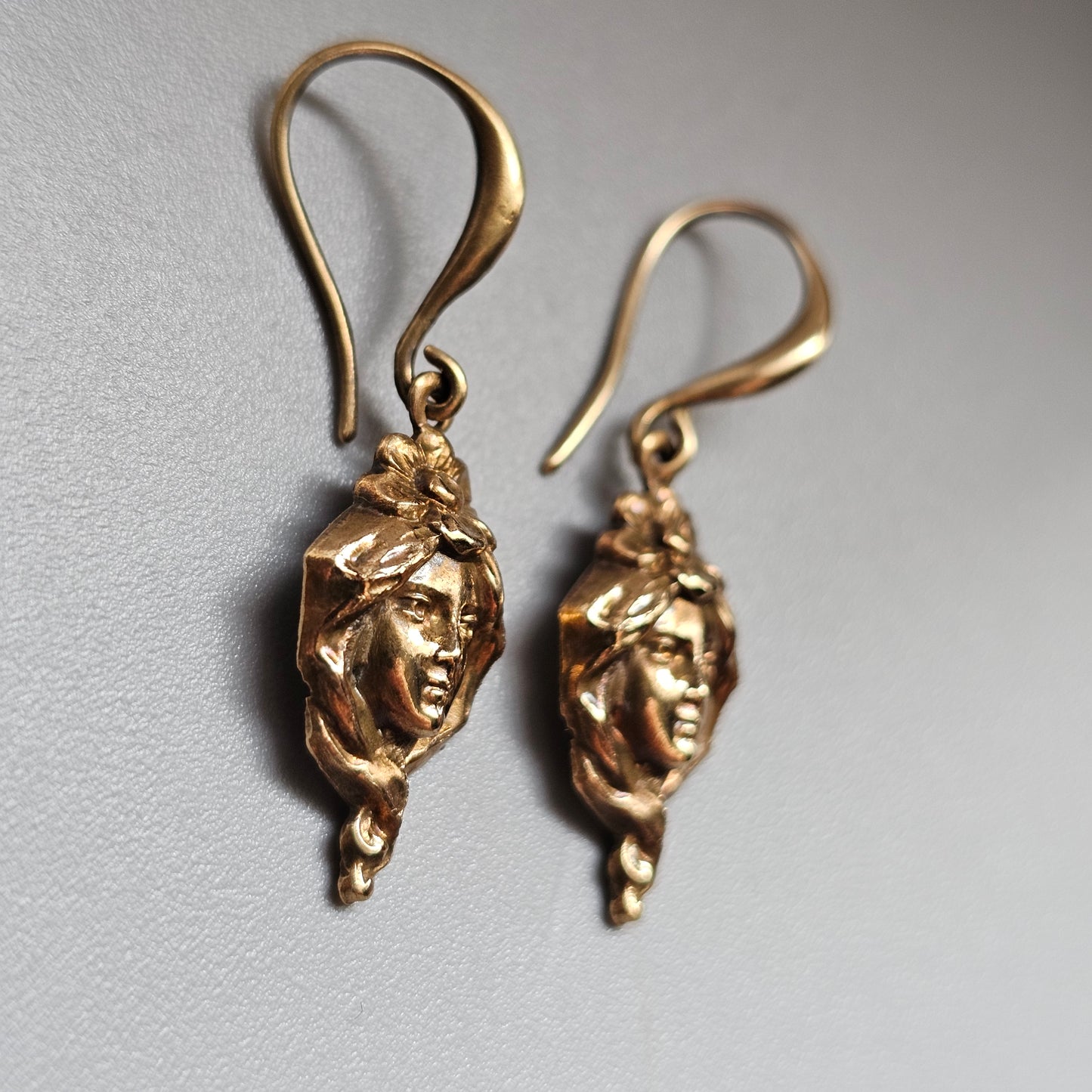 Antique Art Nouveau Belle Époque Gold Tone Repousse Face Earrings