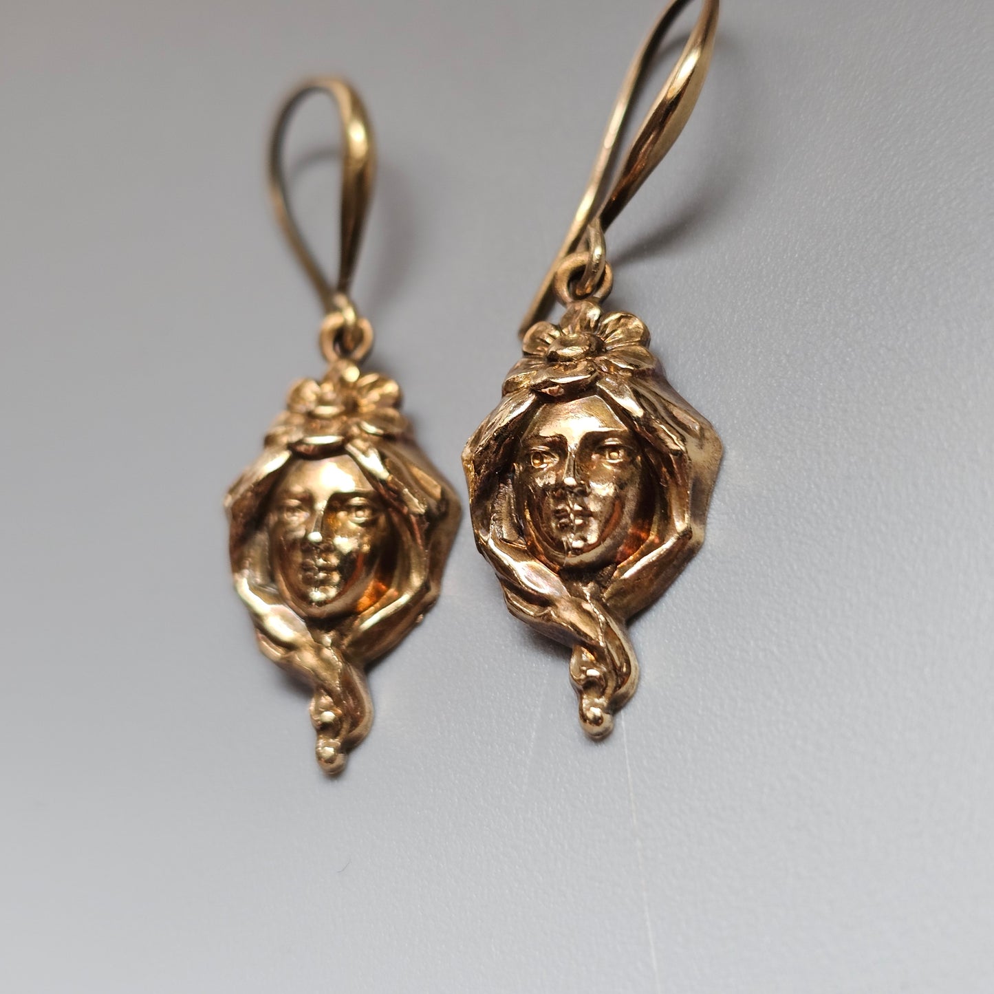 Antique Art Nouveau Belle Époque Gold Tone Repousse Face Earrings