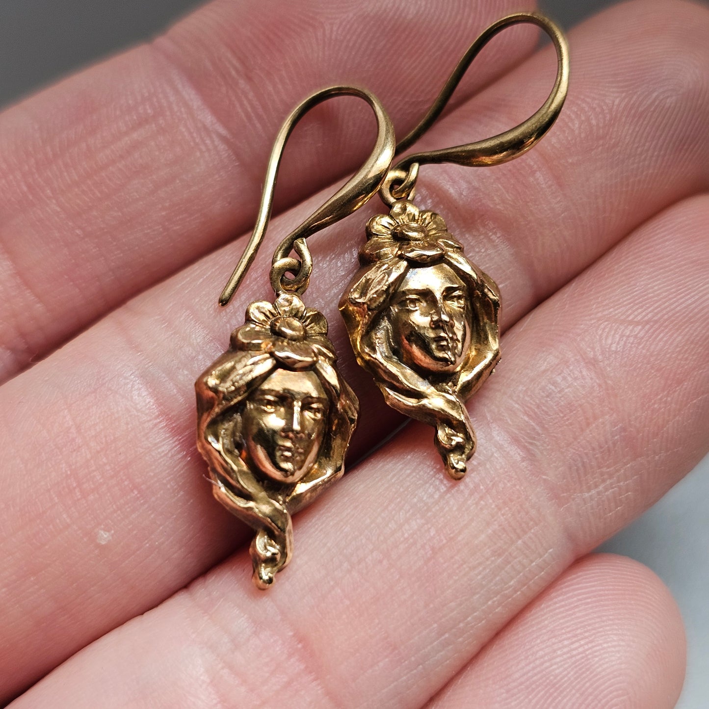 Antique Art Nouveau Belle Époque Gold Tone Repousse Face Earrings