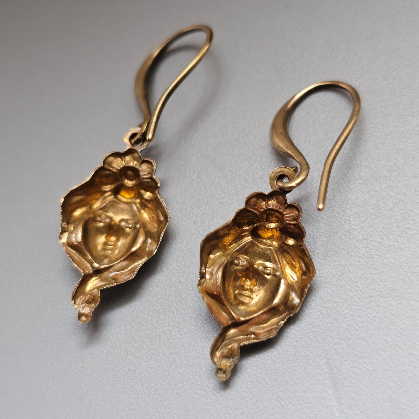 Antique Art Nouveau Belle Époque Gold Tone Repousse Face Earrings