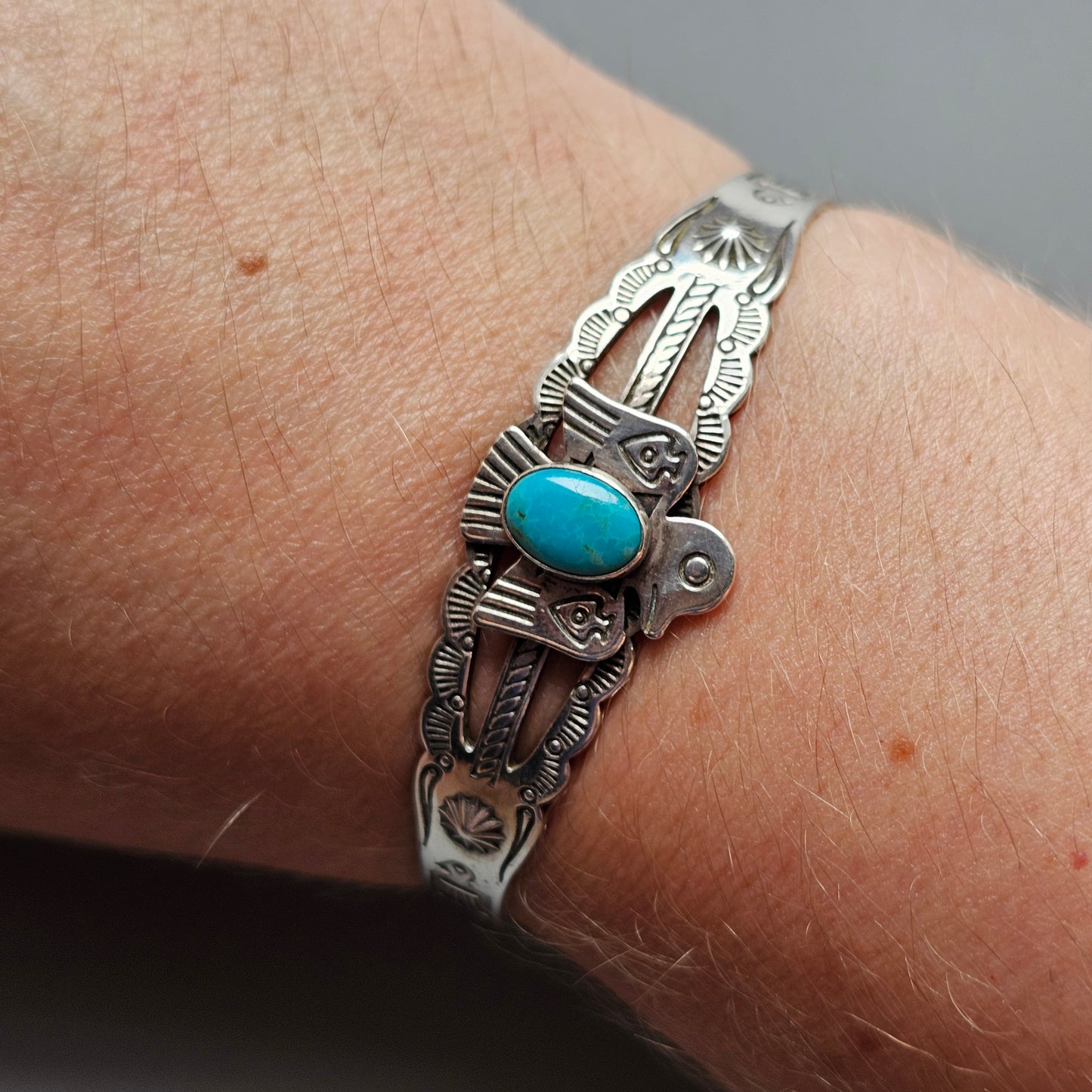 Small Vintage Native American Sterling Silver Turquoise Thunderbird Cuff Bracelet