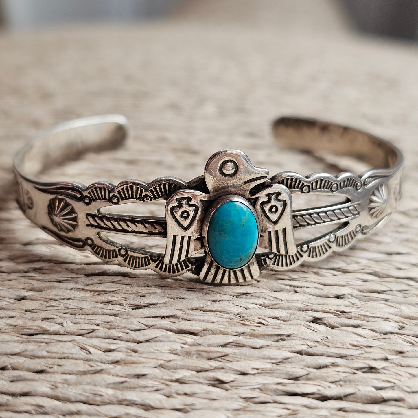 Small Vintage Native American Sterling Silver Turquoise Thunderbird Cuff Bracelet