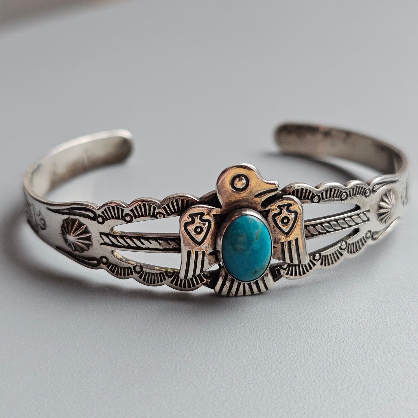 Small Vintage Native American Sterling Silver Turquoise Thunderbird Cuff Bracelet