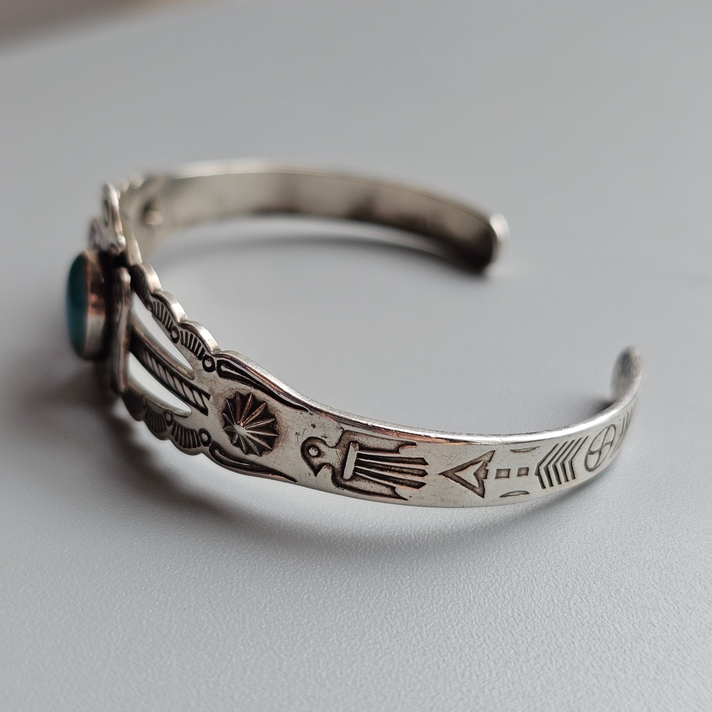 Small Vintage Native American Sterling Silver Turquoise Thunderbird Cuff Bracelet