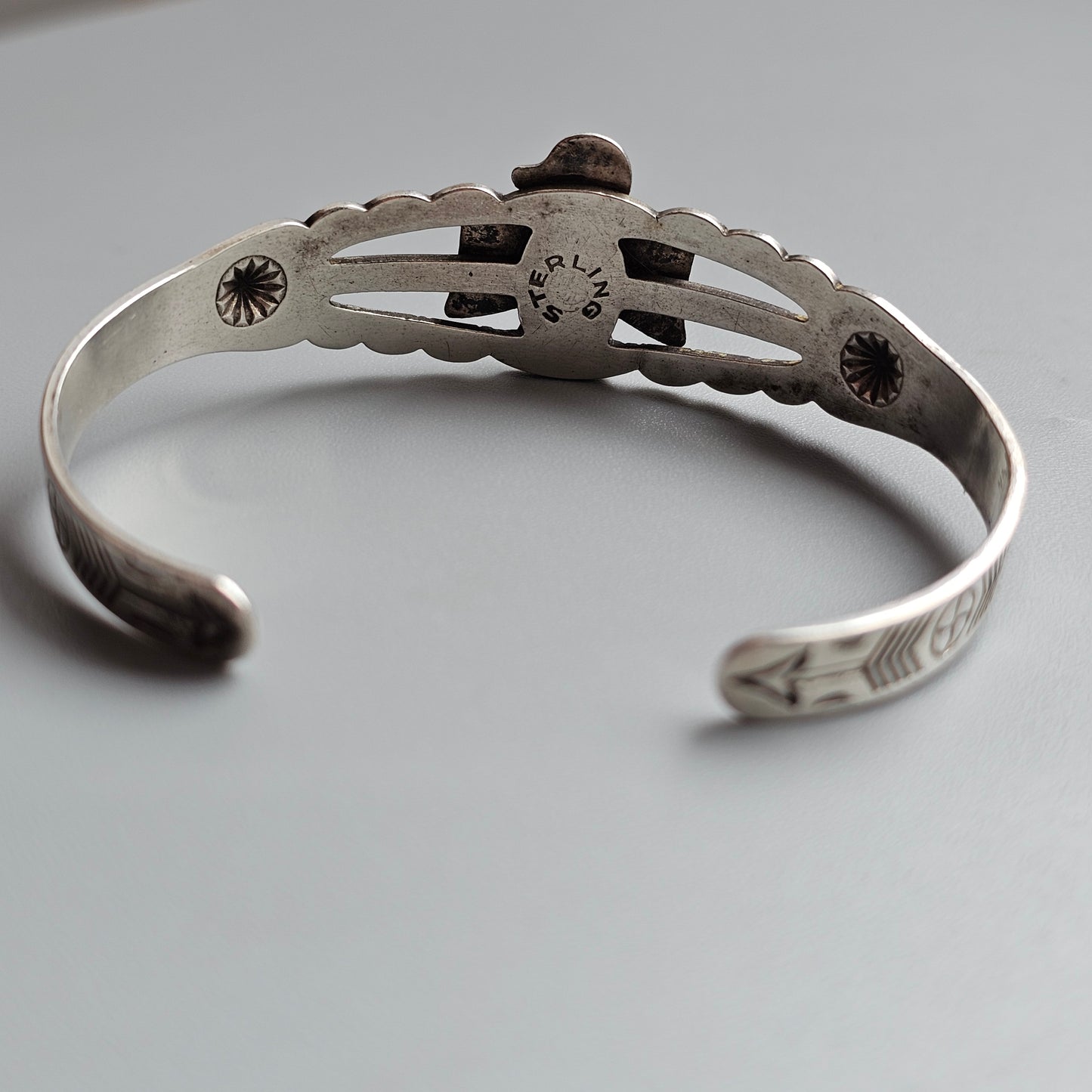 Small Vintage Native American Sterling Silver Turquoise Thunderbird Cuff Bracelet