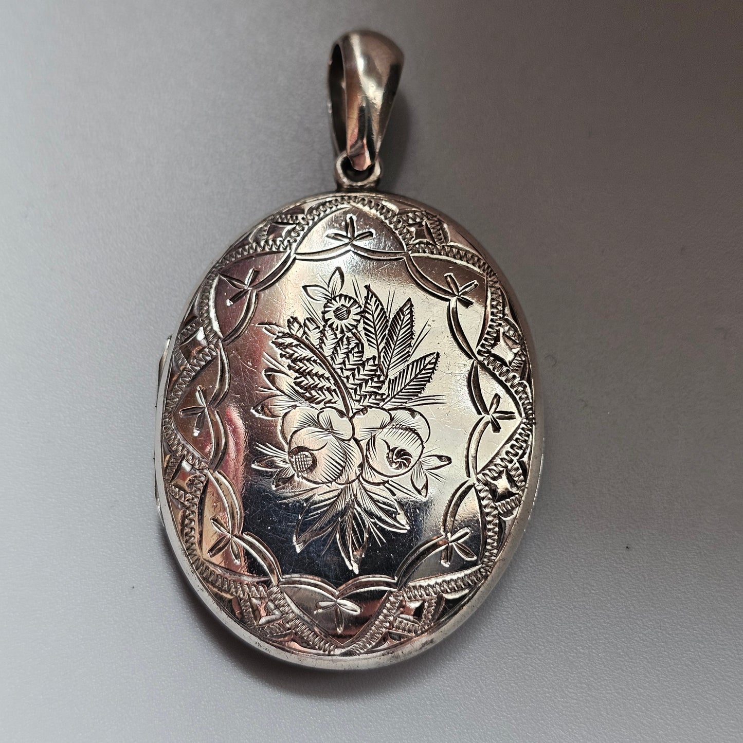 Antique Victorian Silver Tone Aesthetic Movement Floral Engraved Locket