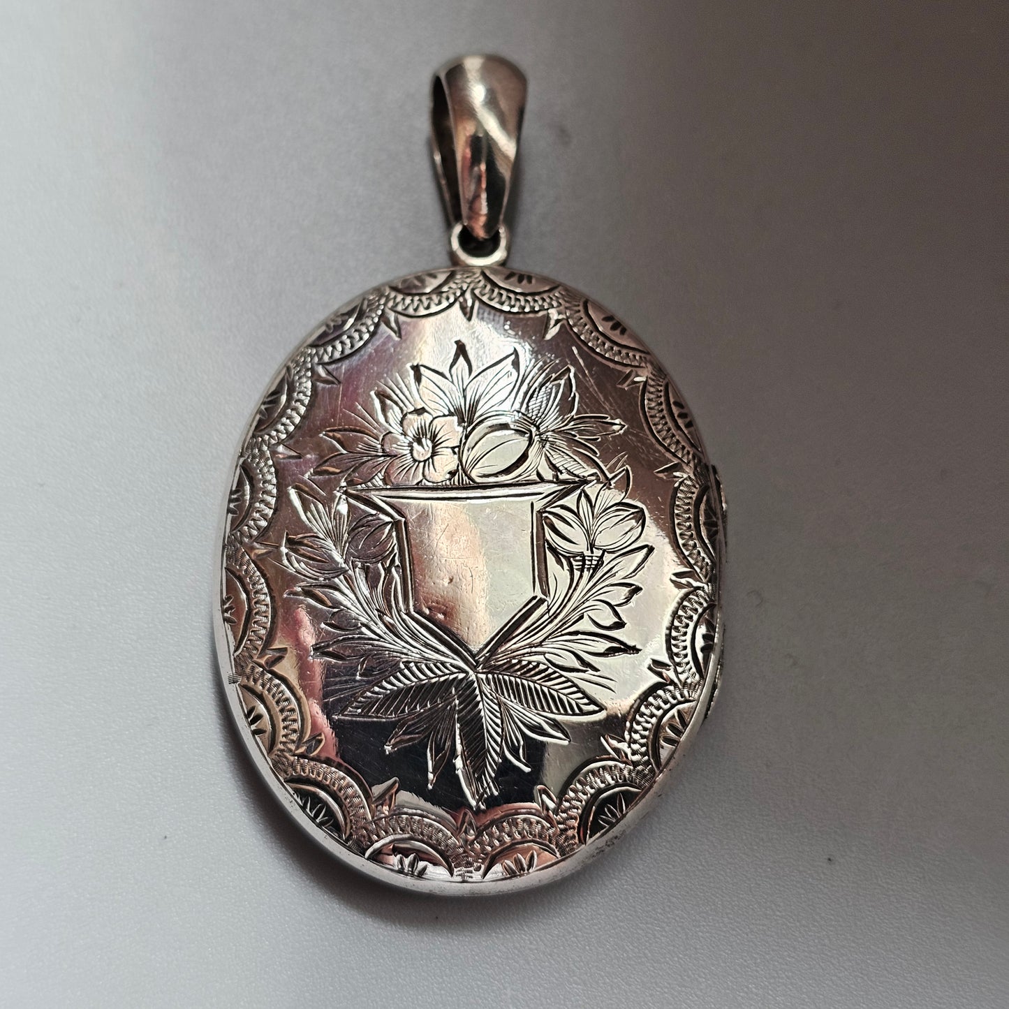 Antique Victorian Silver Tone Aesthetic Movement Floral Engraved Locket
