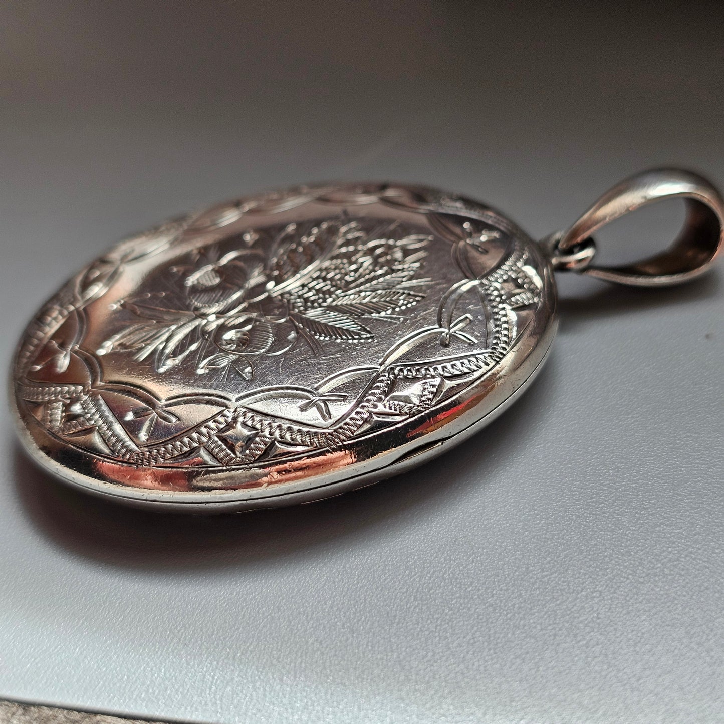 Antique Victorian Silver Tone Aesthetic Movement Floral Engraved Locket