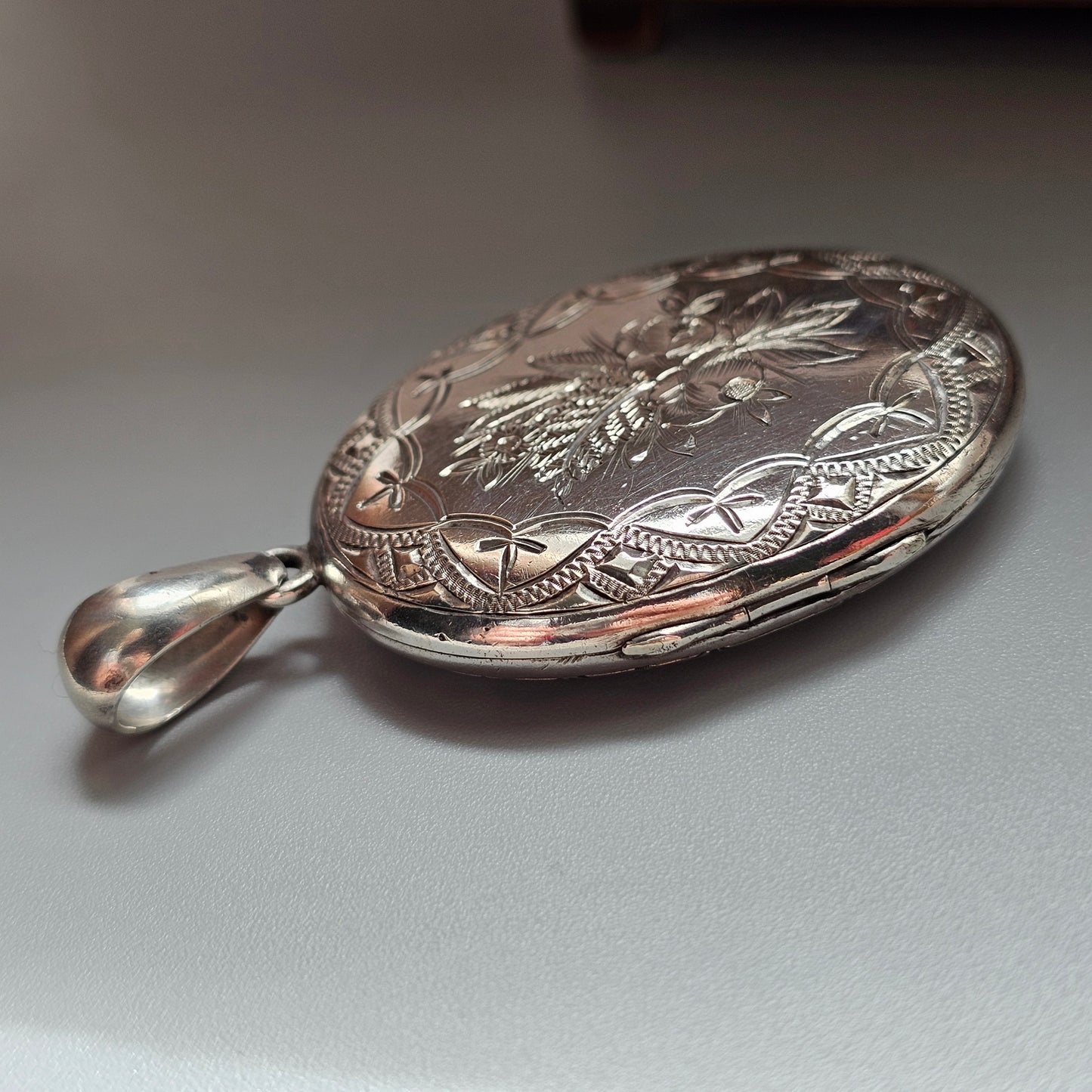 Antique Victorian Silver Tone Aesthetic Movement Floral Engraved Locket