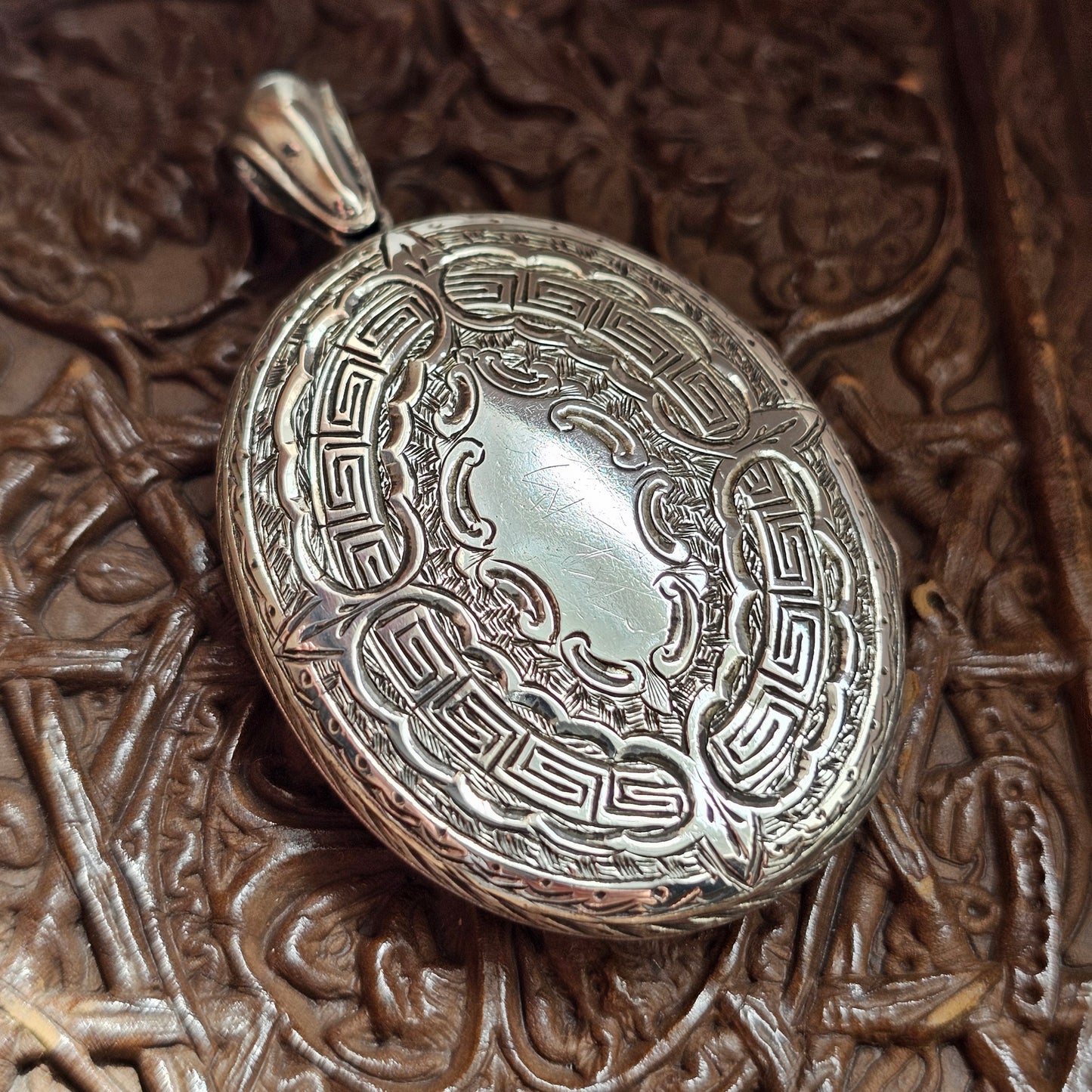 Large Victorian Engraved Silver Tone Locket with Monogram and Greek Key Border