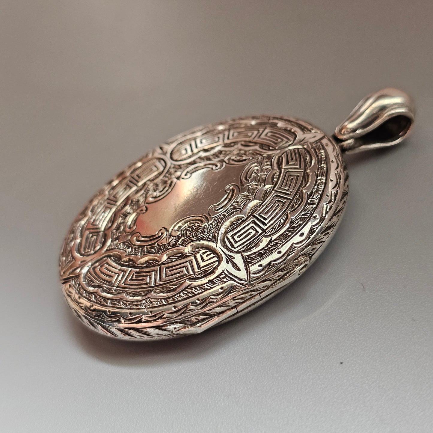 Large Victorian Engraved Silver Tone Locket with Monogram and Greek Key Border