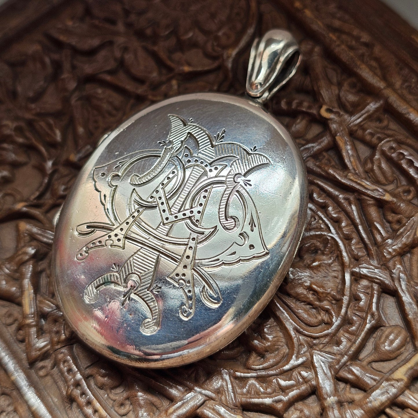 Large Victorian Engraved Silver Tone Locket with Monogram and Greek Key Border
