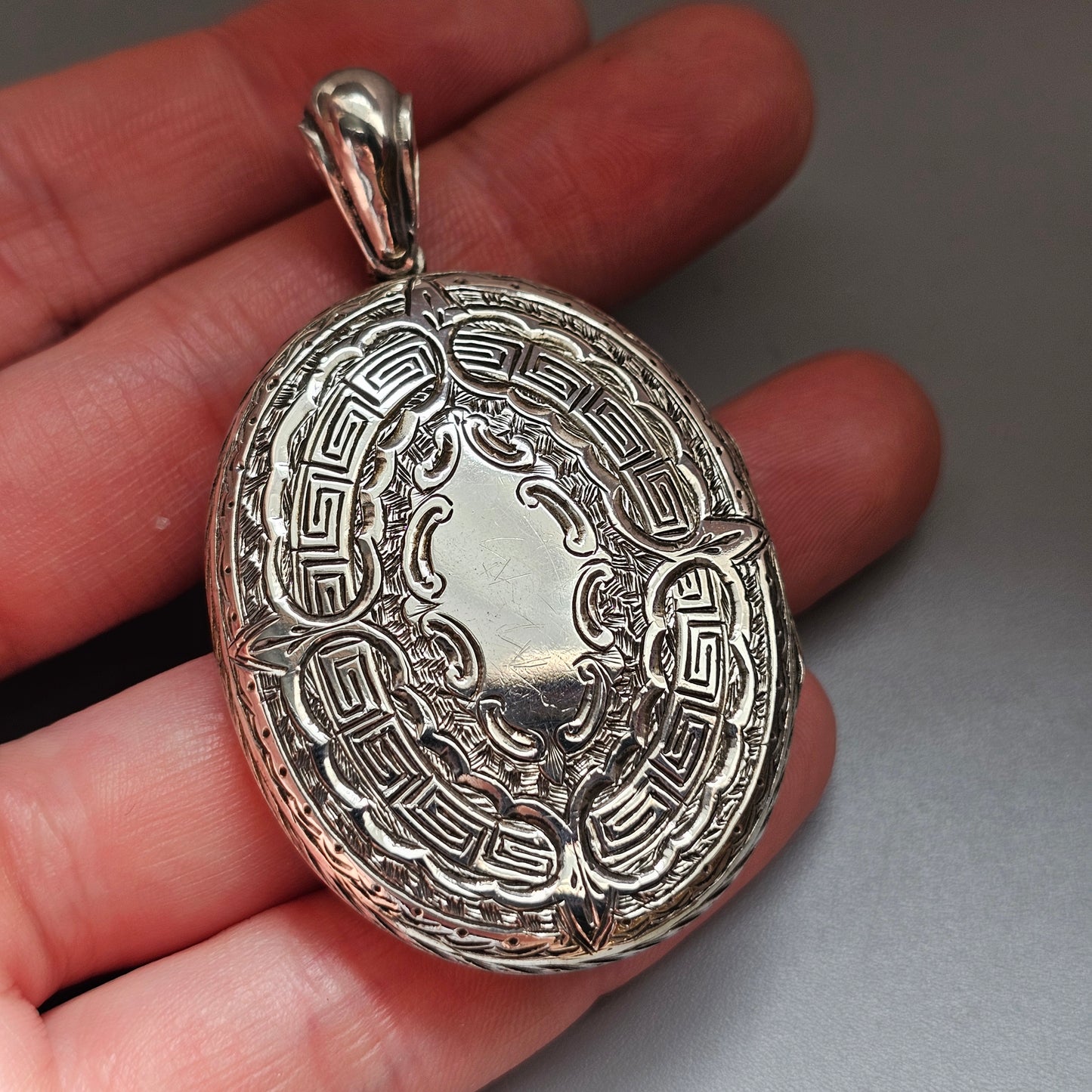 Large Victorian Engraved Silver Tone Locket with Monogram and Greek Key Border