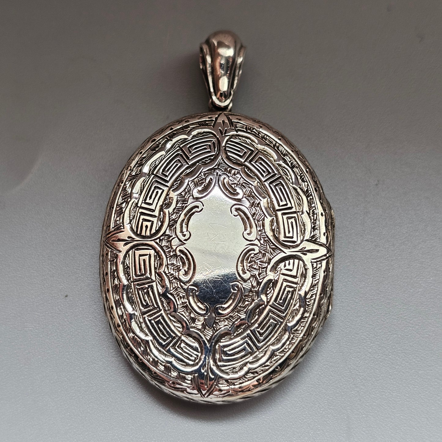 Large Victorian Engraved Silver Tone Locket with Monogram and Greek Key Border