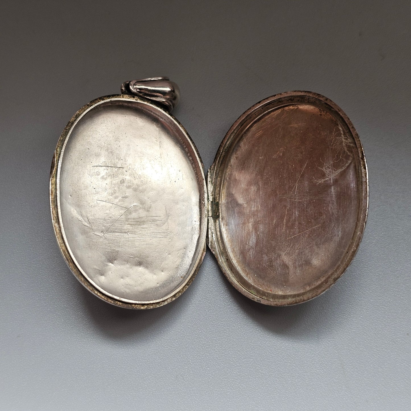 Large Victorian Engraved Silver Tone Locket with Monogram and Greek Key Border