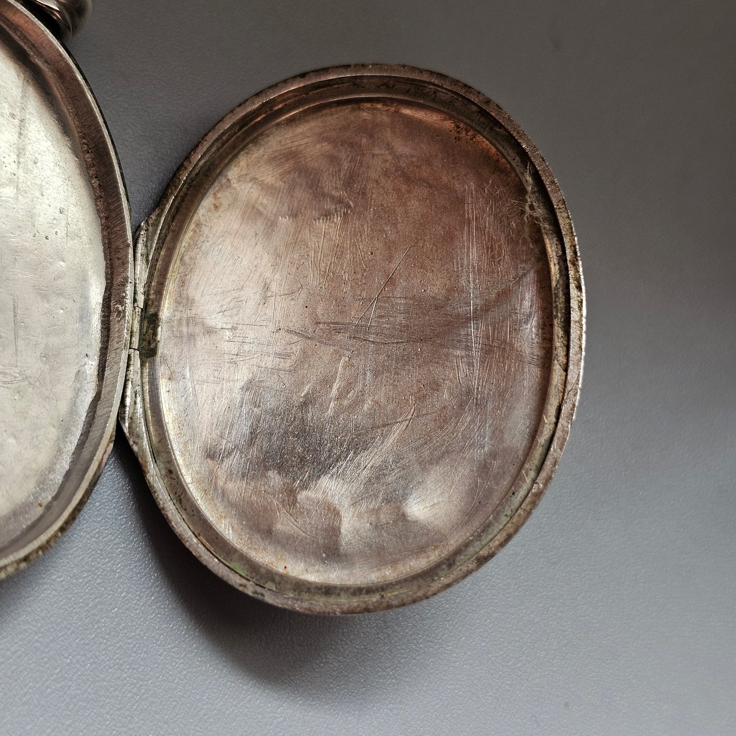 Large Victorian Engraved Silver Tone Locket with Monogram and Greek Key Border