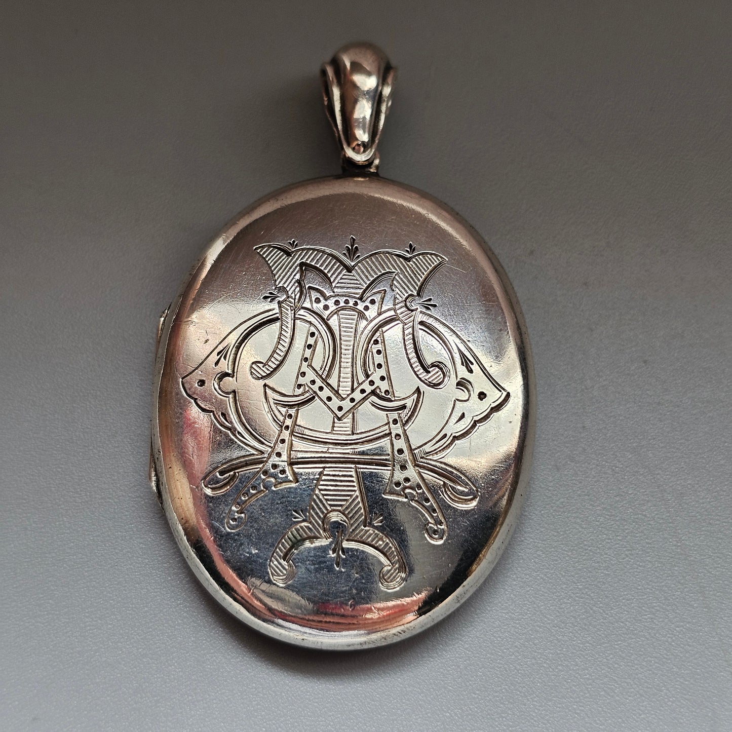 Large Victorian Engraved Silver Tone Locket with Monogram and Greek Key Border