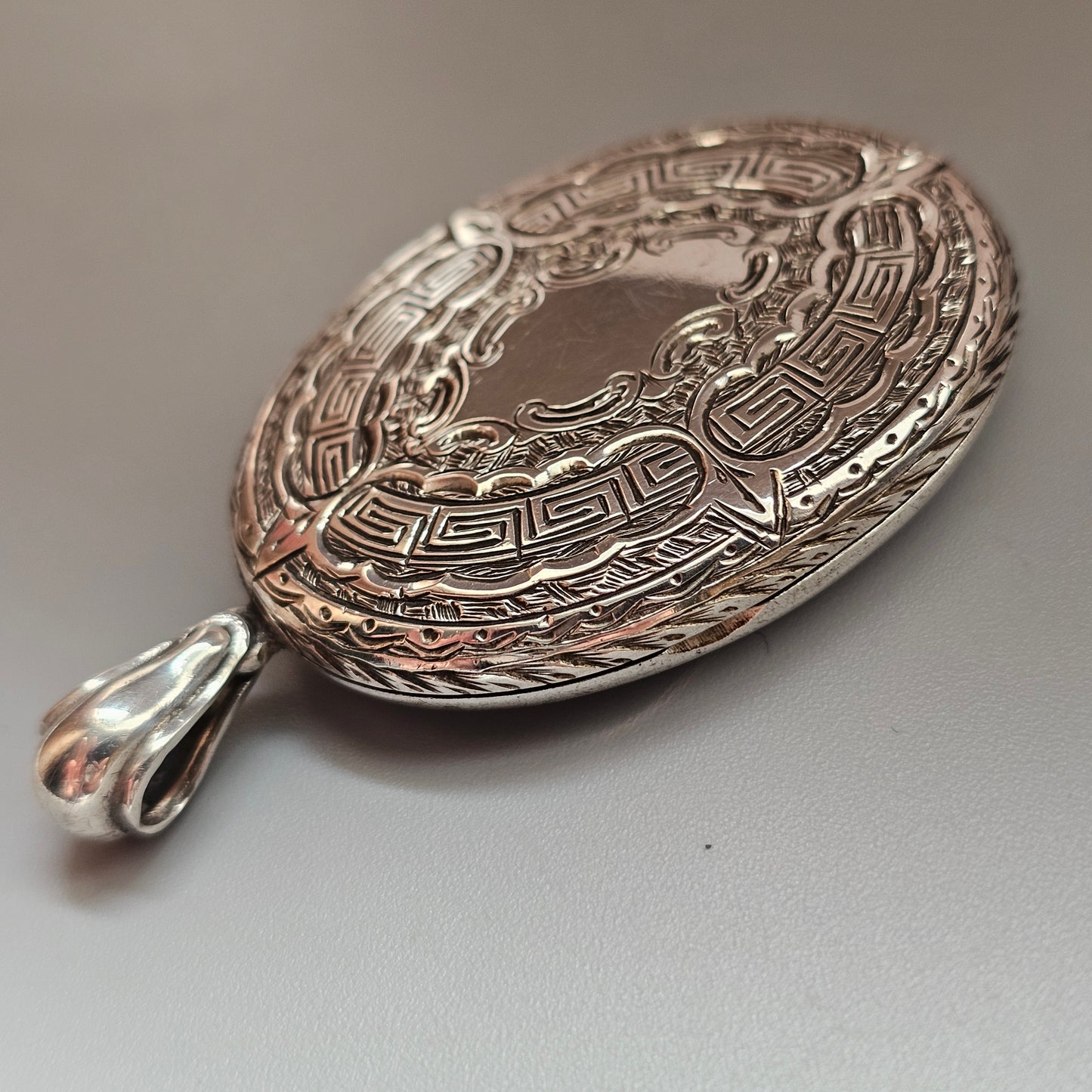 Large Victorian Engraved Silver Tone Locket with Monogram and Greek Key Border