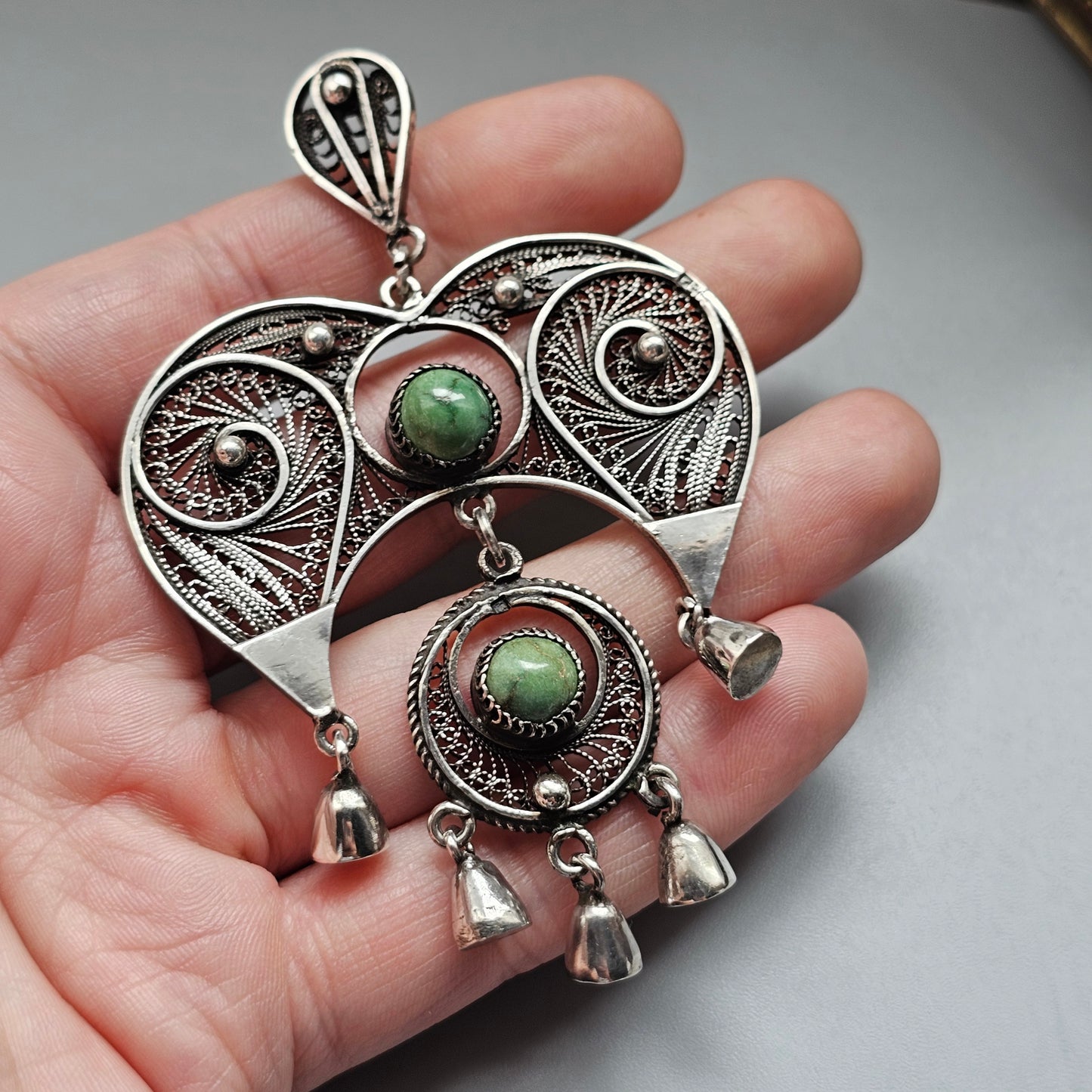 Vintage Egyptian 800 Silver Filigree Green Turquoise Necklace Pendant 1960s 1970s
