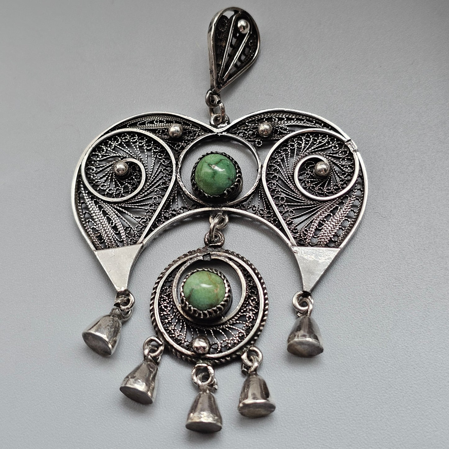 Vintage Egyptian 800 Silver Filigree Green Turquoise Necklace Pendant 1960s 1970s