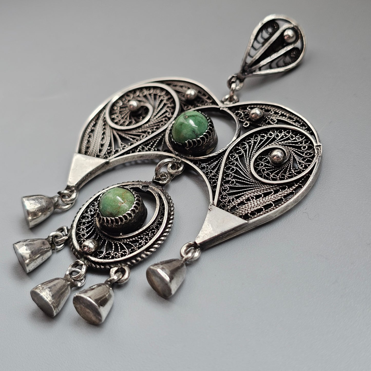 Vintage Egyptian 800 Silver Filigree Green Turquoise Necklace Pendant 1960s 1970s