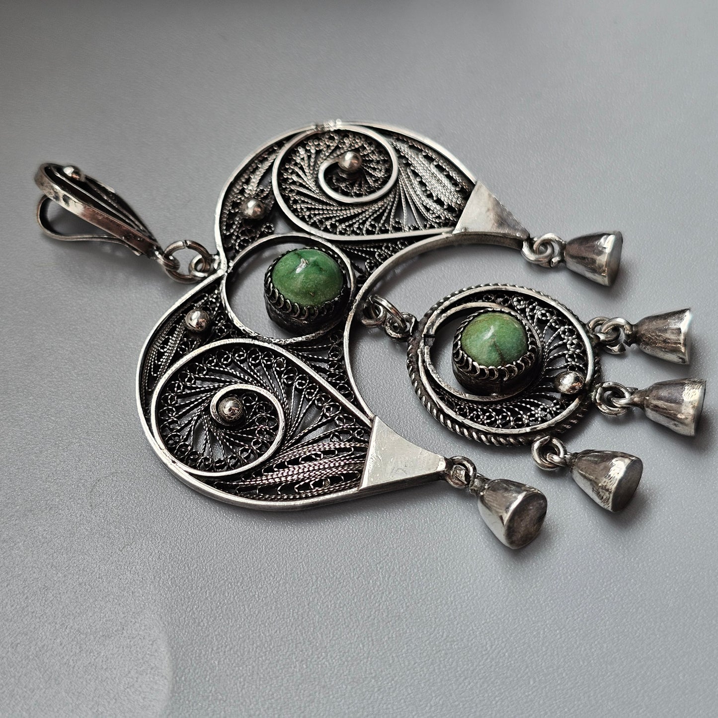 Vintage Egyptian 800 Silver Filigree Green Turquoise Necklace Pendant 1960s 1970s