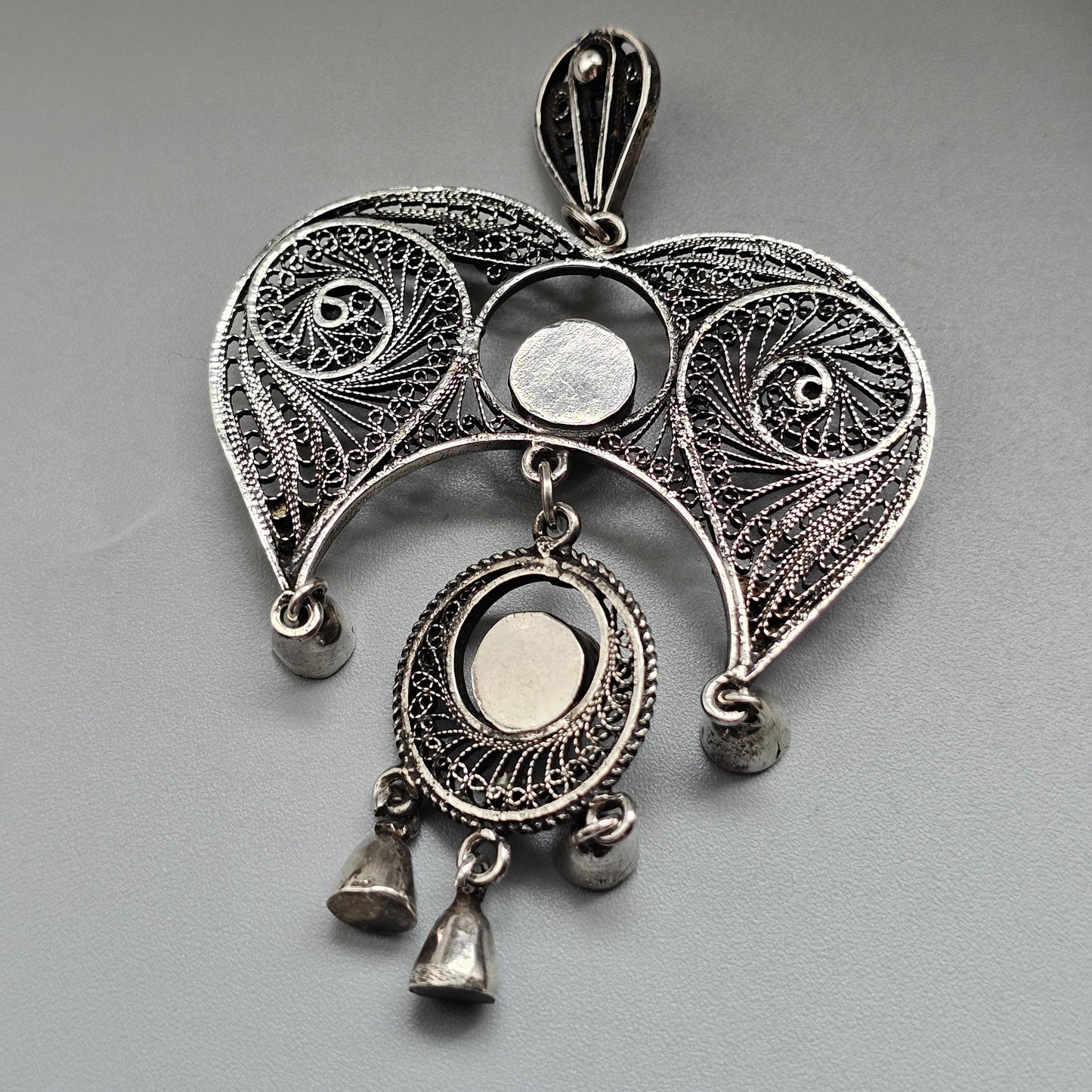 Vintage Egyptian 800 Silver Filigree Green Turquoise Necklace Pendant 1960s 1970s