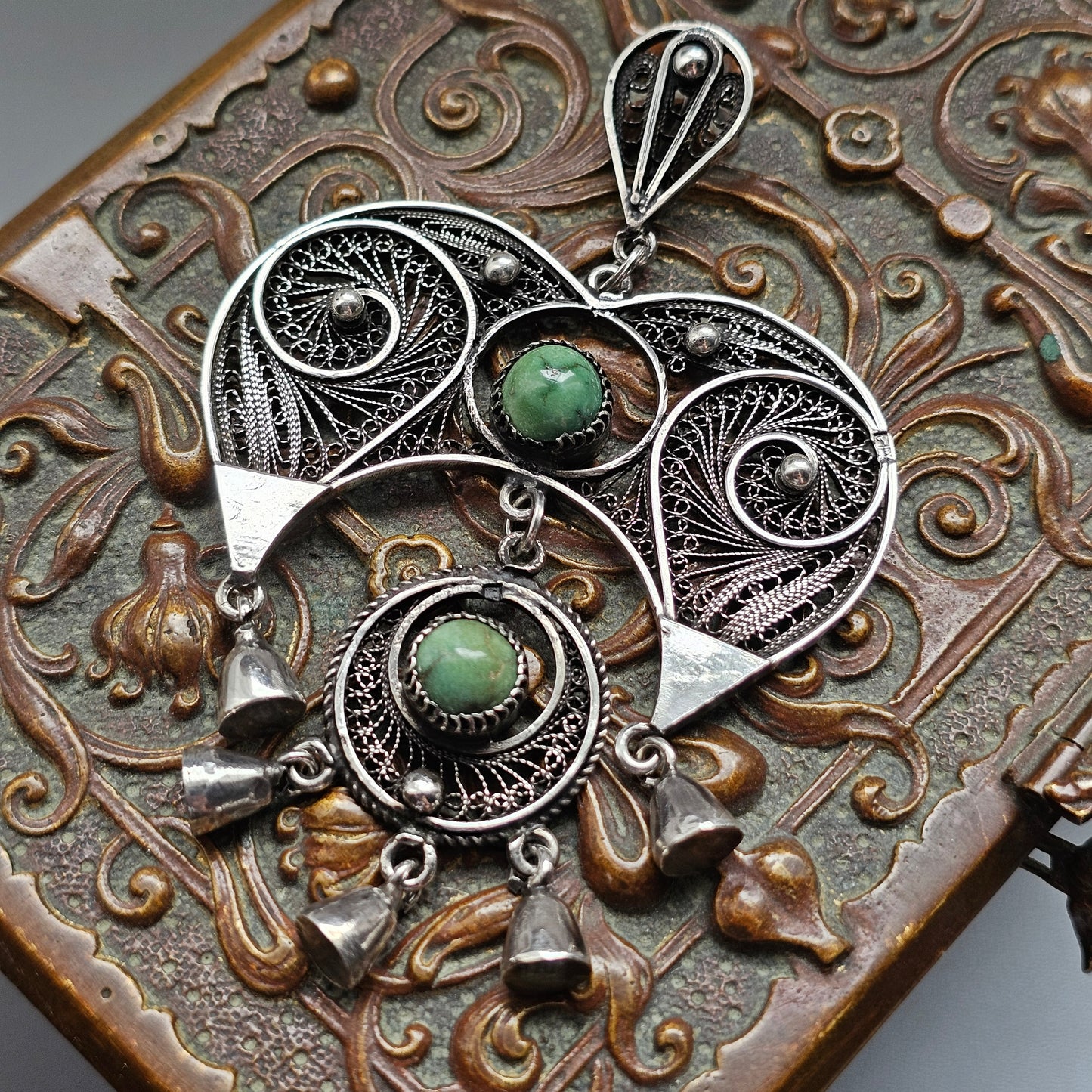 Vintage Egyptian 800 Silver Filigree Green Turquoise Necklace Pendant 1960s 1970s