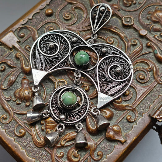 Vintage Egyptian 800 Silver Filigree Green Turquoise Necklace Pendant 1960s 1970s