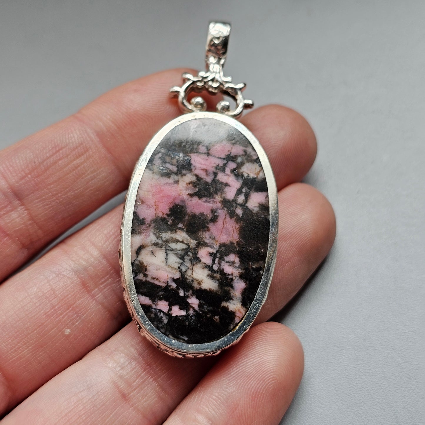 Victorian Style Hallmarked Sterling Silver Rhodonite and Malachite Pendant