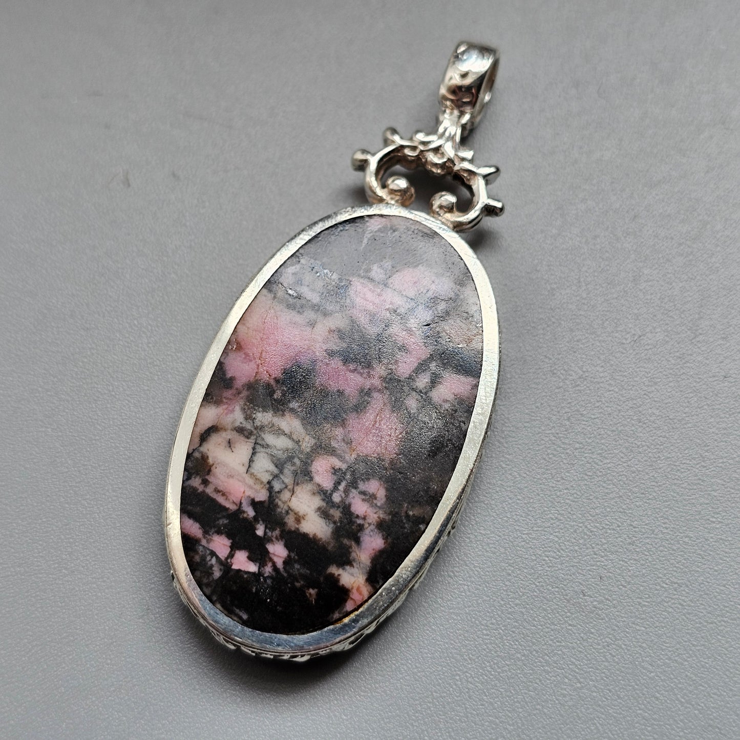 Victorian Style Hallmarked Sterling Silver Rhodonite and Malachite Pendant