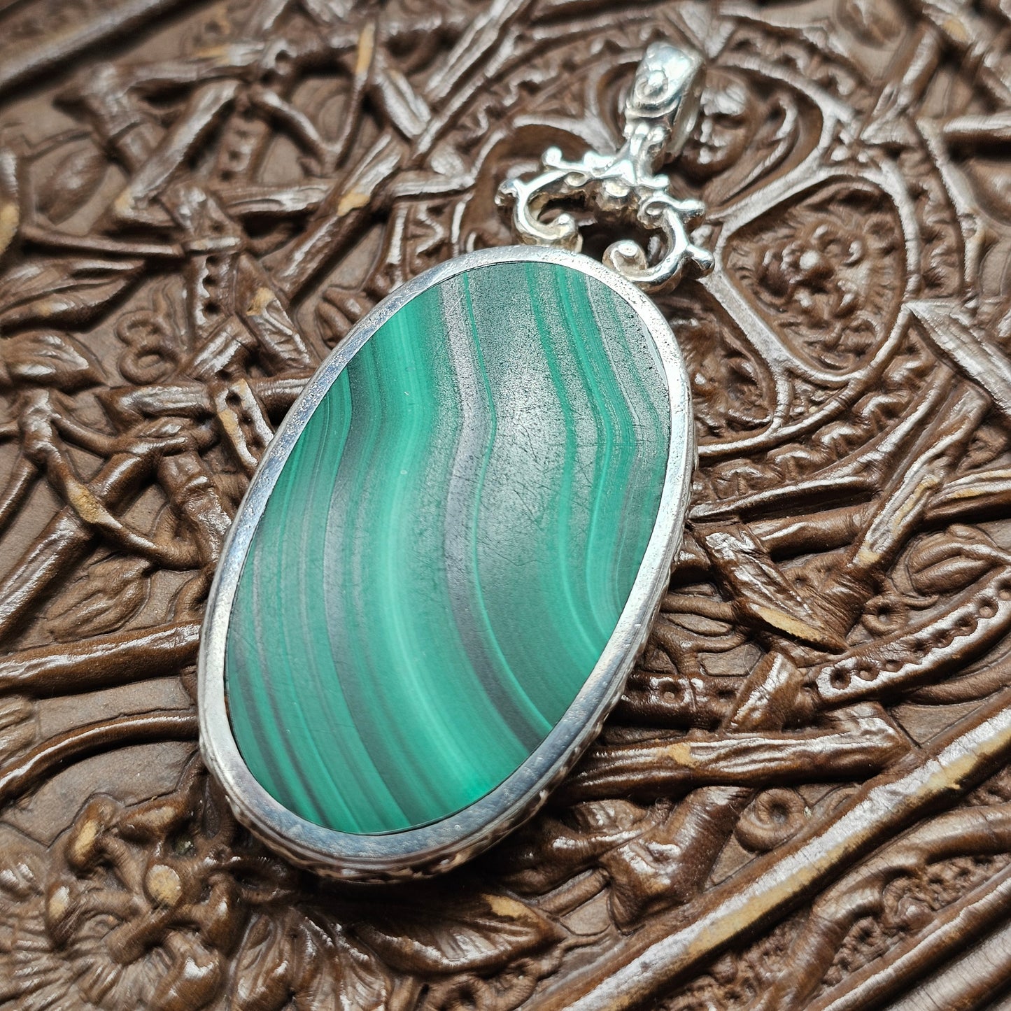 Victorian Style Hallmarked Sterling Silver Rhodonite and Malachite Pendant