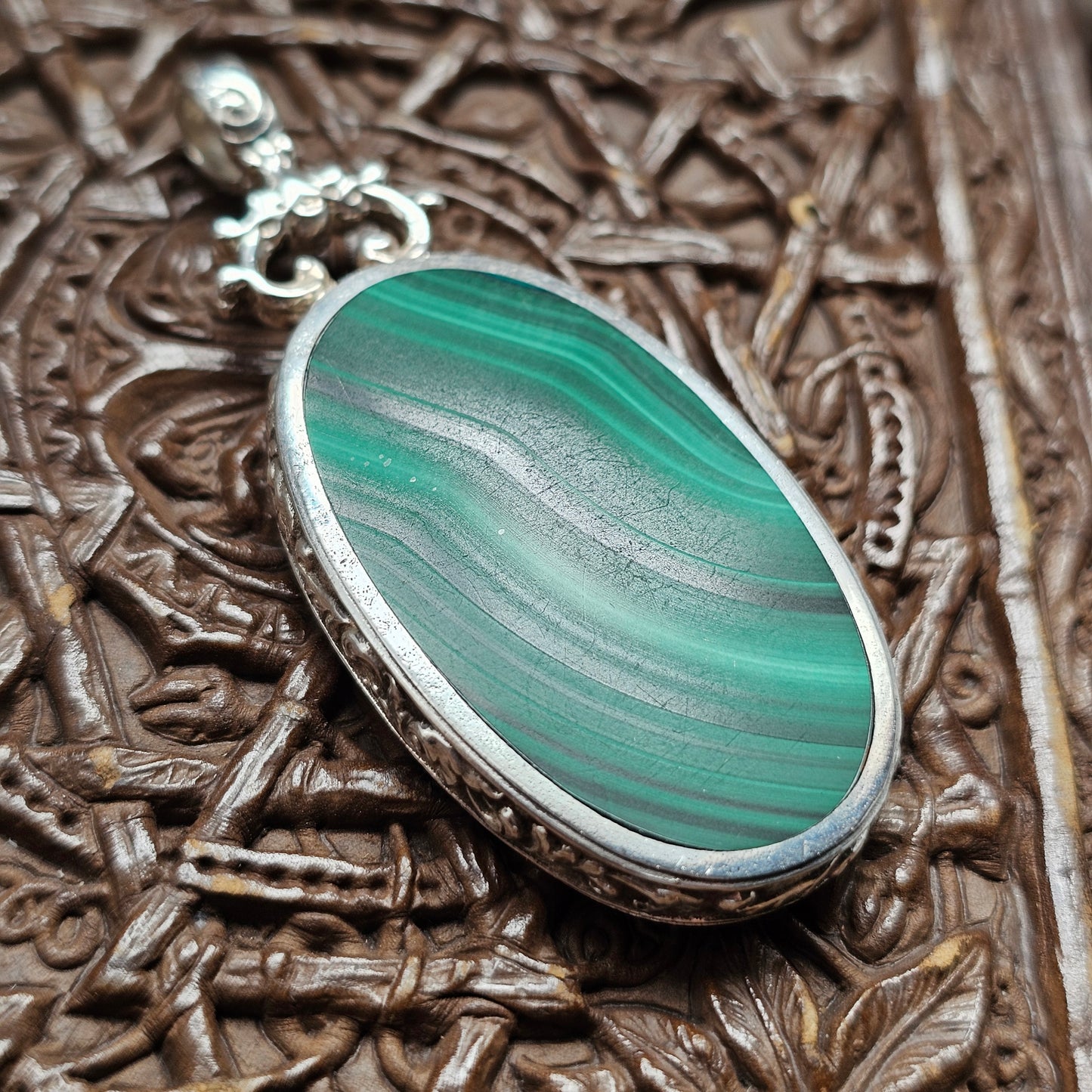 Victorian Style Hallmarked Sterling Silver Rhodonite and Malachite Pendant