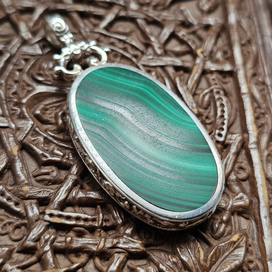 Victorian Style Hallmarked Sterling Silver Rhodonite and Malachite Pendant