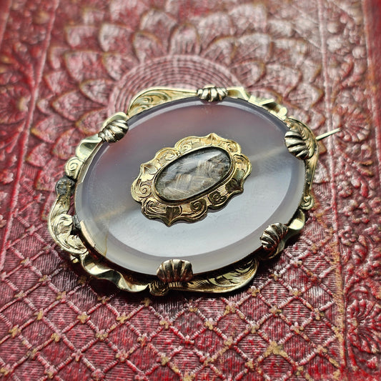 Antique Victorian Chalcedony and Gold Tone Pinchbeck Hair Memento Brooch