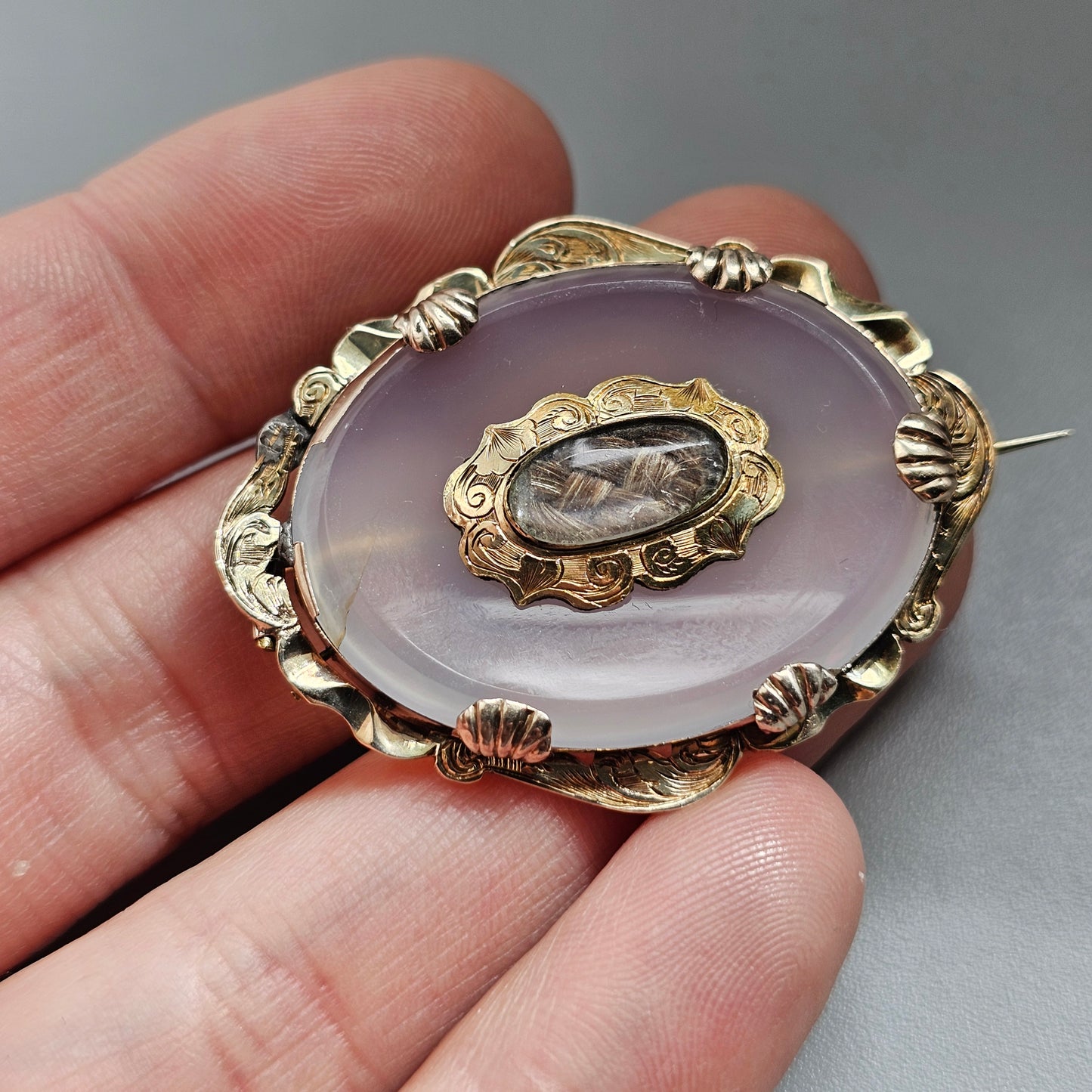 Antique Victorian Chalcedony and Gold Tone Pinchbeck Hair Memento Brooch