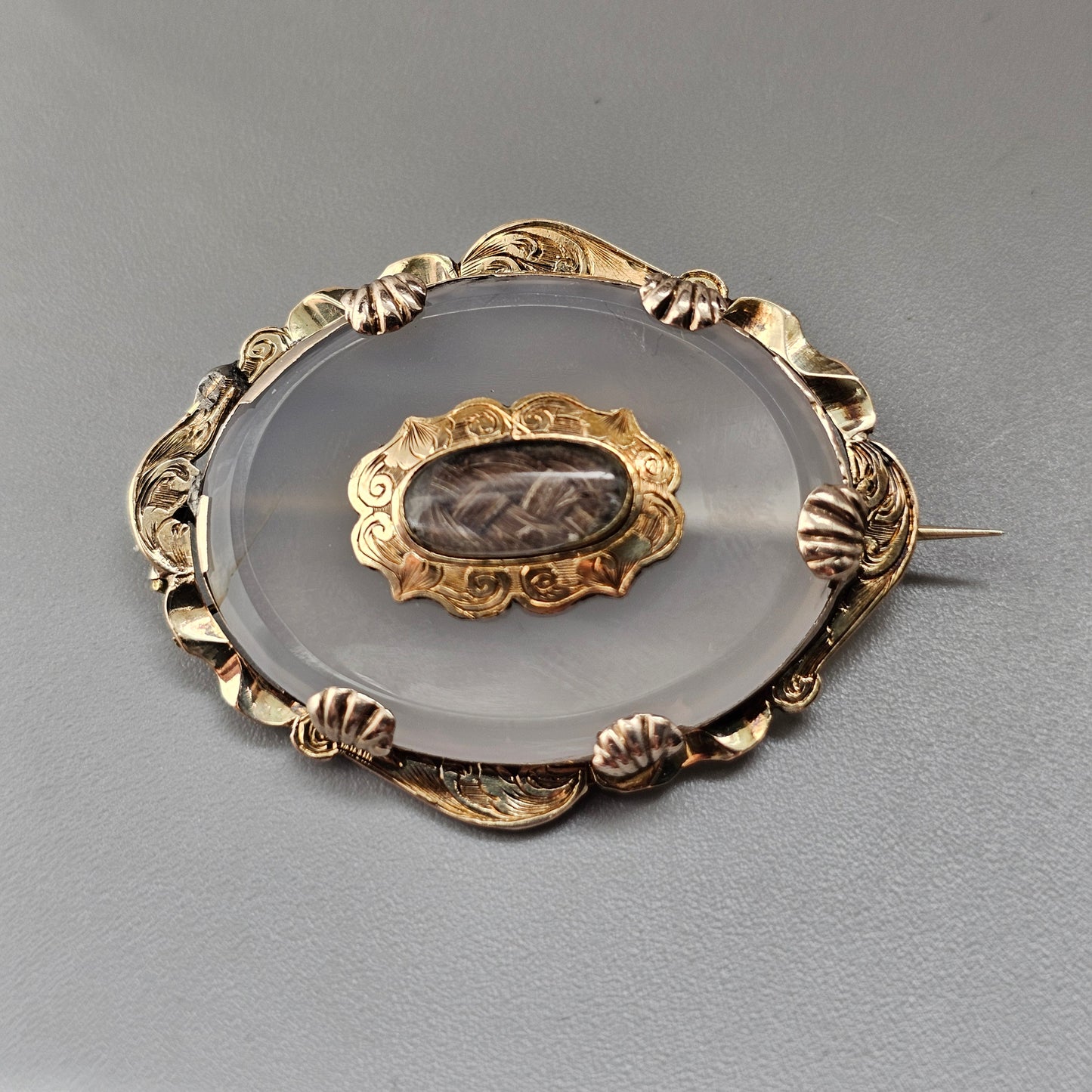Antique Victorian Chalcedony and Gold Tone Pinchbeck Hair Memento Brooch