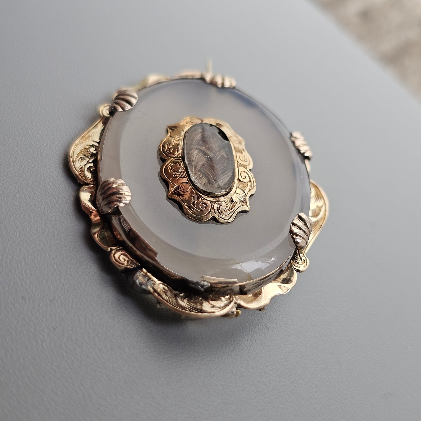 Antique Victorian Chalcedony and Gold Tone Pinchbeck Hair Memento Brooch