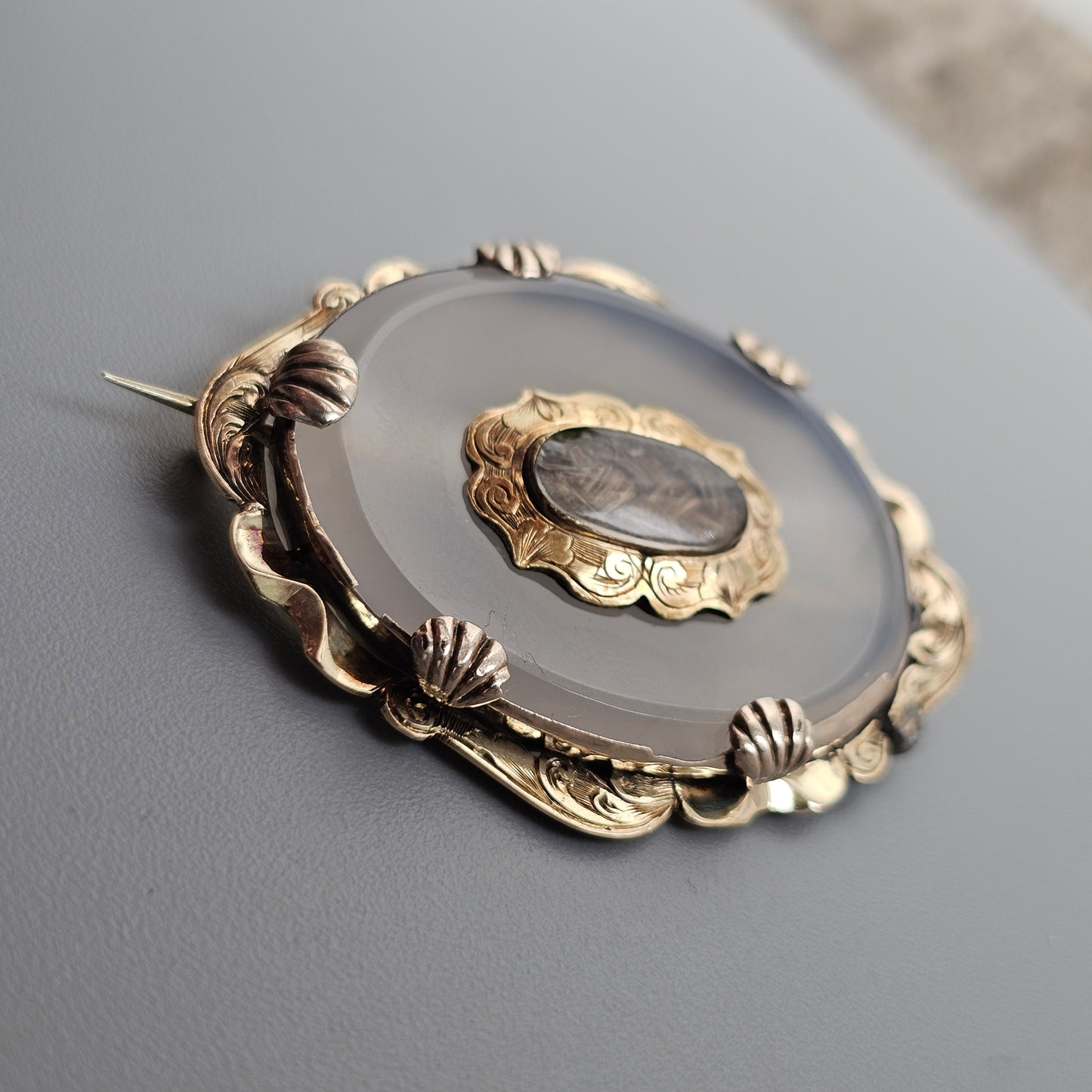 Antique Victorian Chalcedony and Gold Tone Pinchbeck Hair Memento Brooch