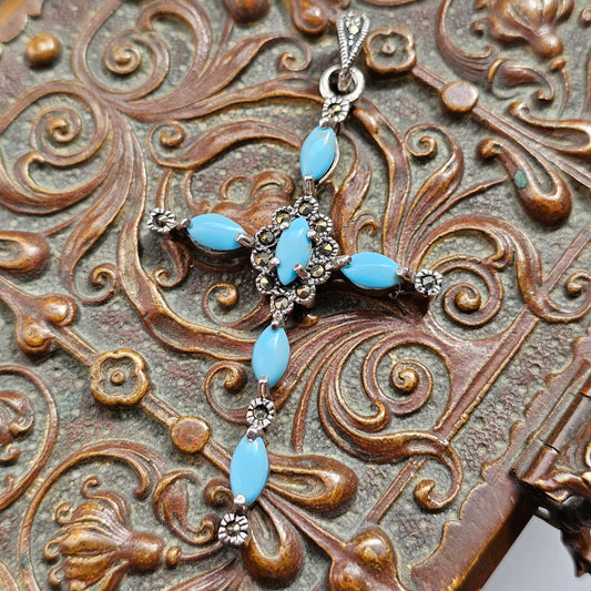 Vintage Silver Marcasite Blue Glass Cross Necklace Pendant