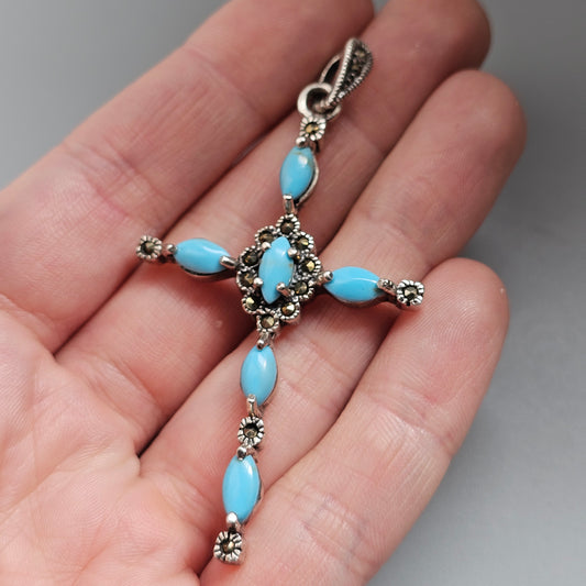 Vintage Silver Marcasite Blue Glass Cross Necklace Pendant