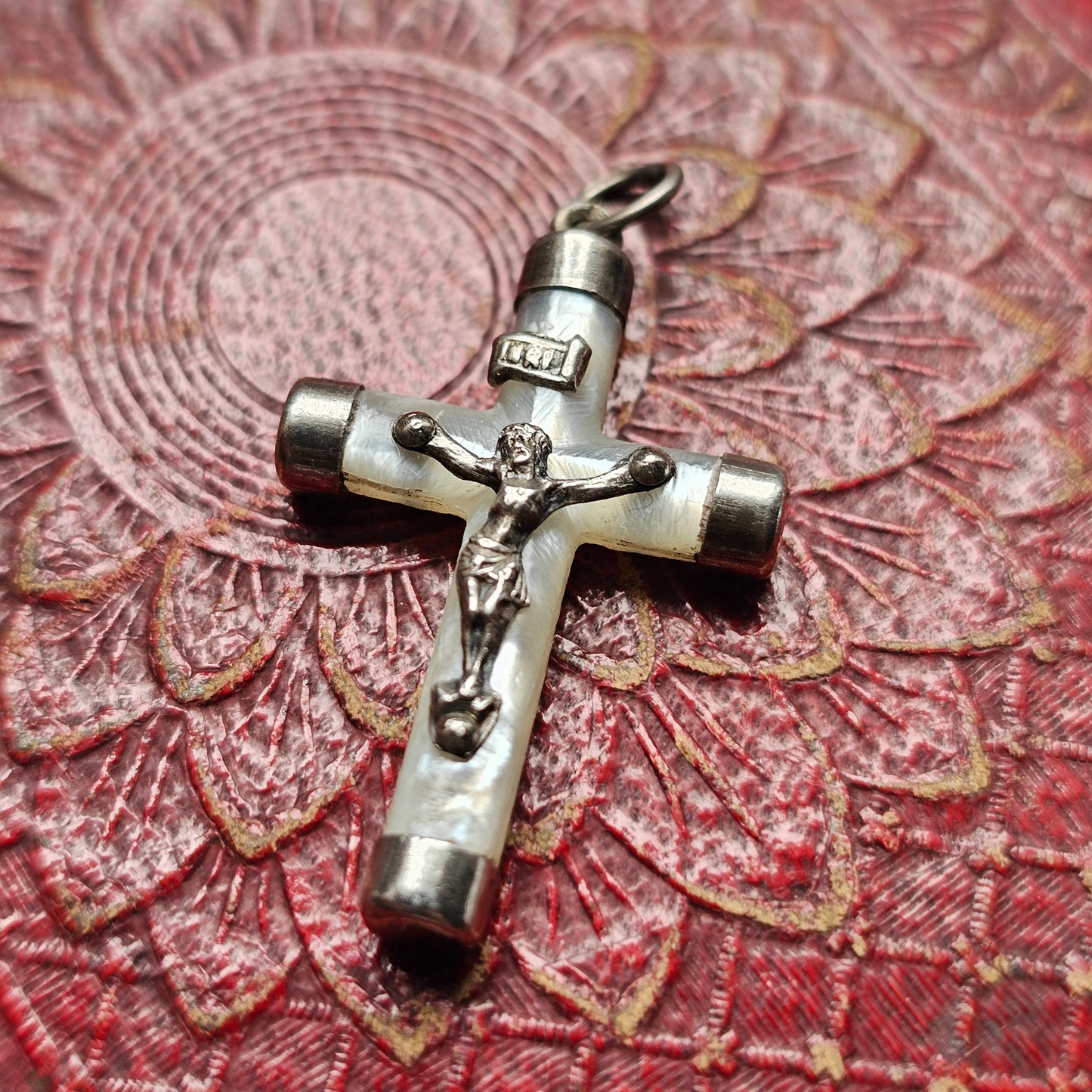 Vintage Silver Mother of Pearl Crucifix Charm Pendant