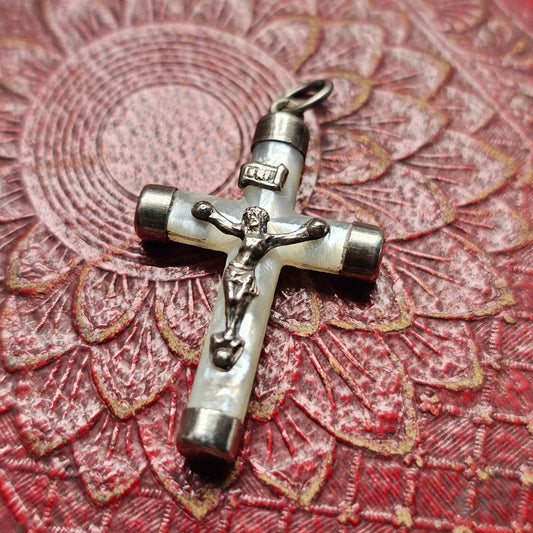 Vintage Silver Mother of Pearl Crucifix Charm Pendant