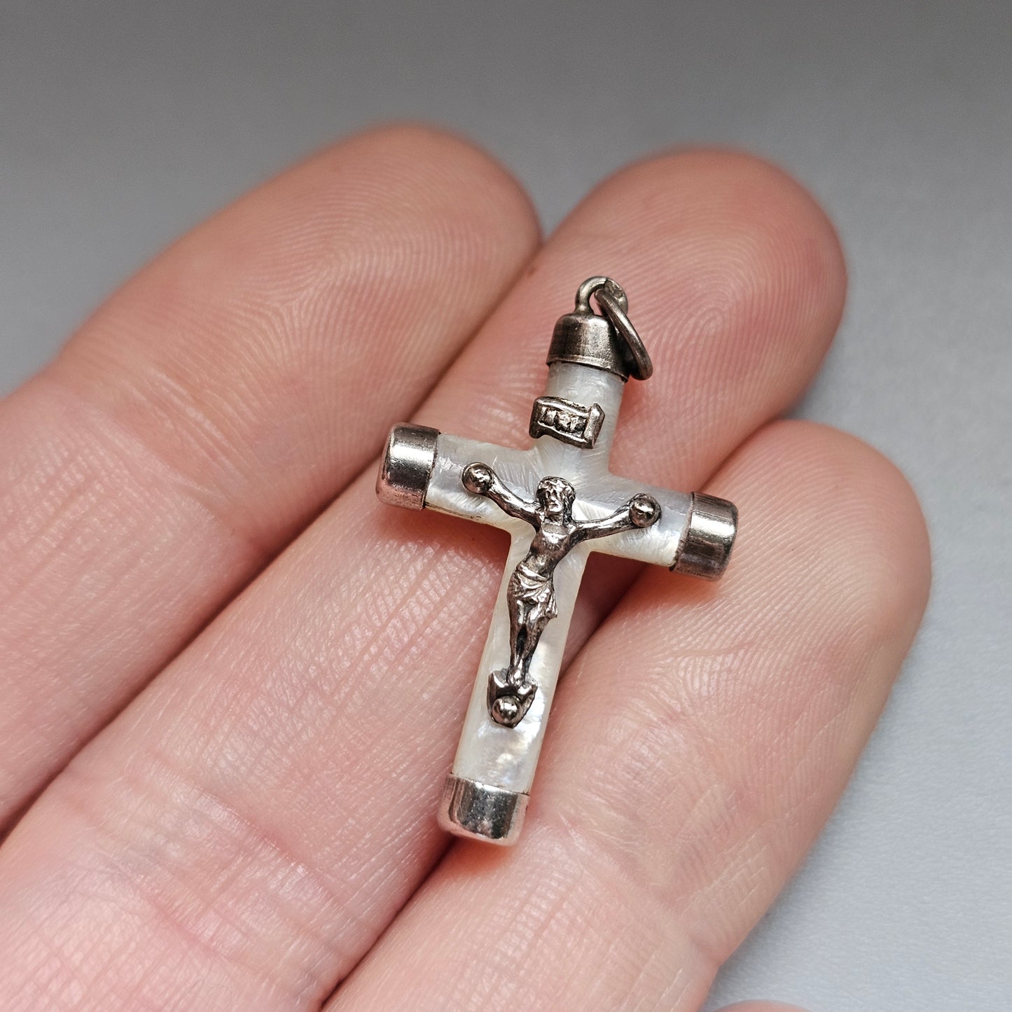 Vintage Silver Mother of Pearl Crucifix Charm Pendant
