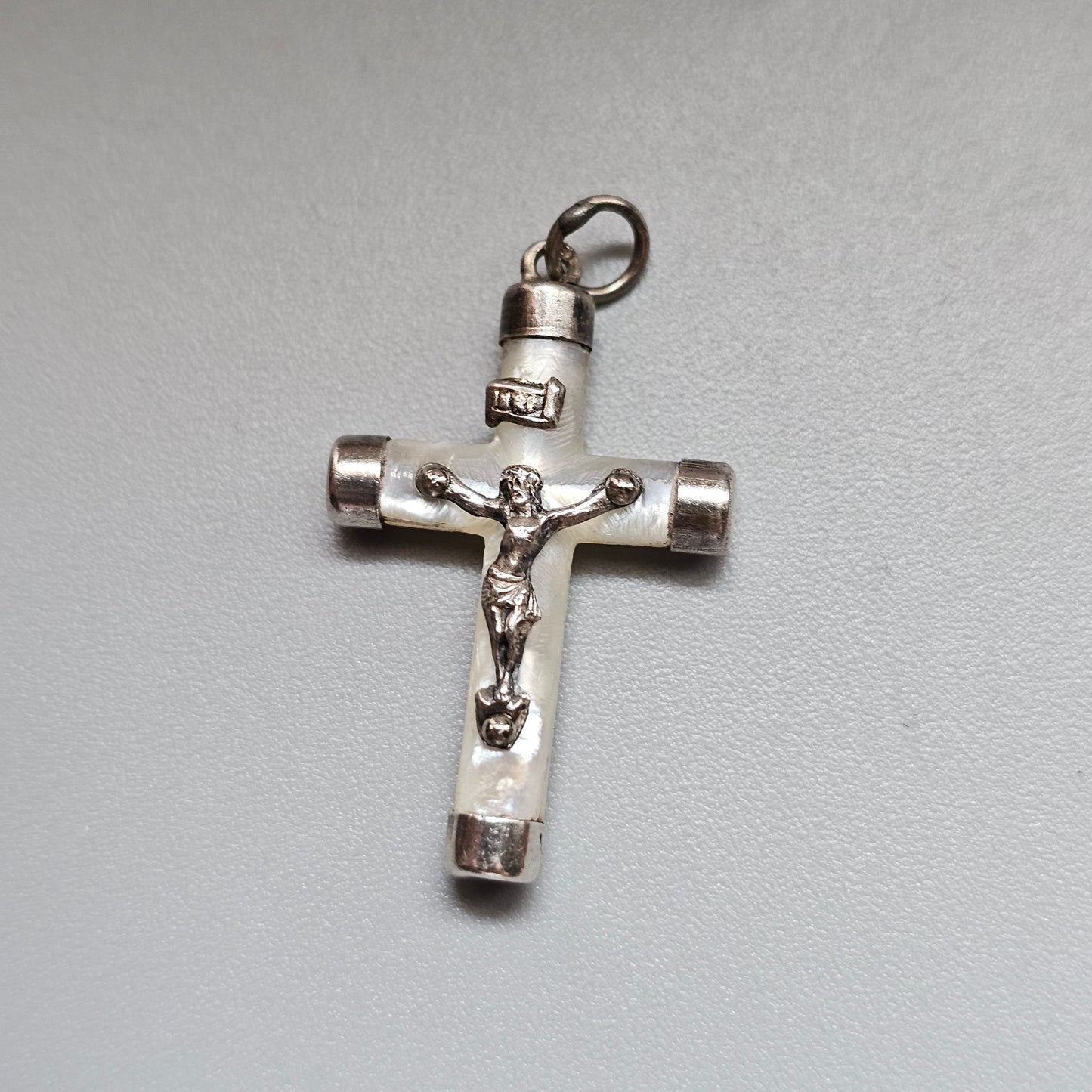 Vintage Silver Mother of Pearl Crucifix Charm Pendant