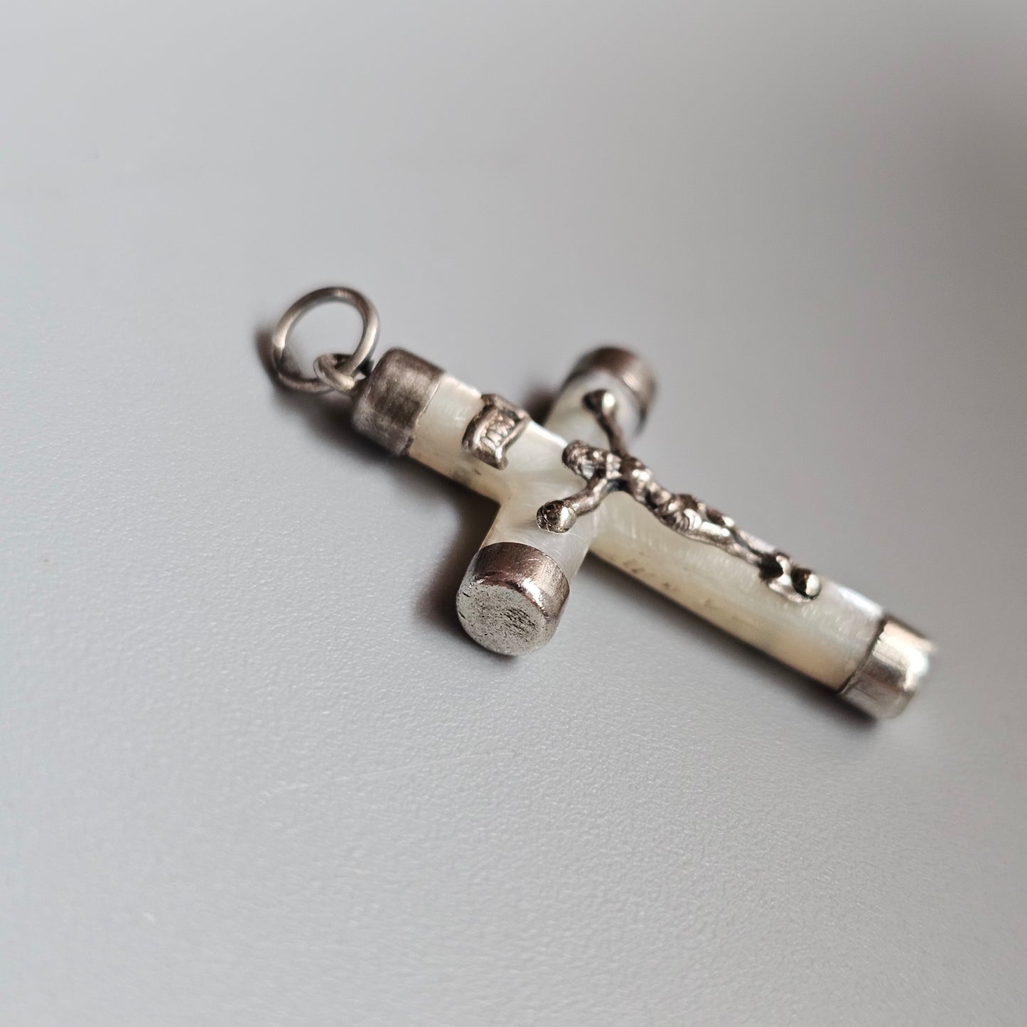 Vintage Silver Mother of Pearl Crucifix Charm Pendant