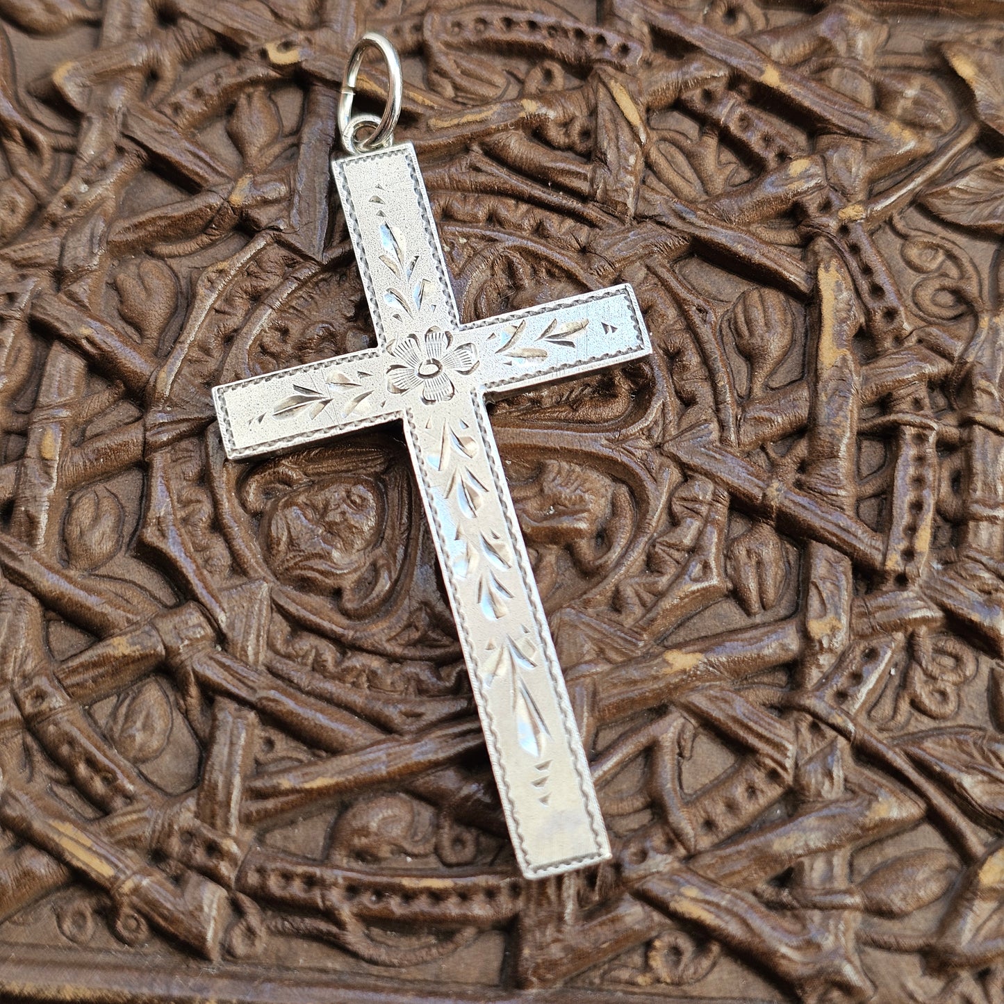 Antique Edwardian Silver Engraved Floral Cross Necklace Pendant